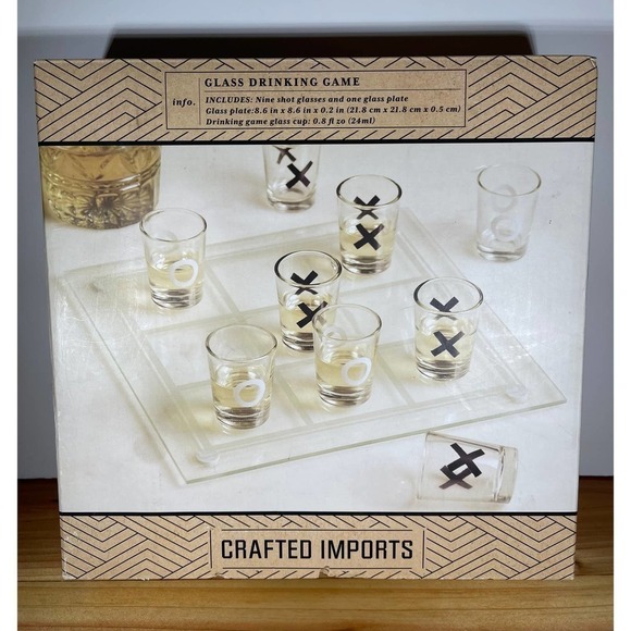 𝅺CRAFTED Imports Glass Tic Tac Toe Shot Glass Drinking Game 10 Piece Set *NEW* - Picture 1 of 8